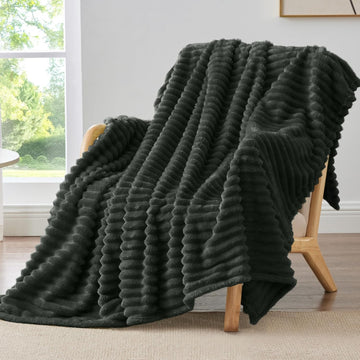 Fleece Throw Blanket 3D-Ribbed Jacquard Soft -Charcoal Grey