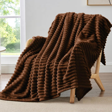 Fleece Throw Blanket 3D-Ribbed Jacquard Soft -Dark Brown