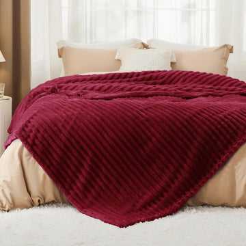 Fleece Throw Blanket 3D-Ribbed Jacquard Soft -Burgundy