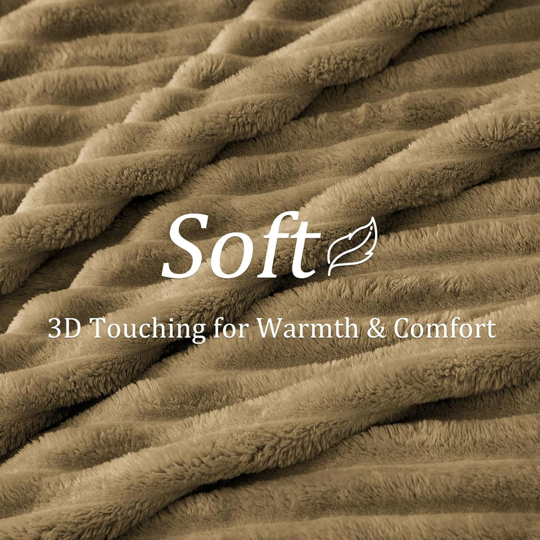Fleece Throw Blanket 3D-Ribbed Jacquard Soft -Camel