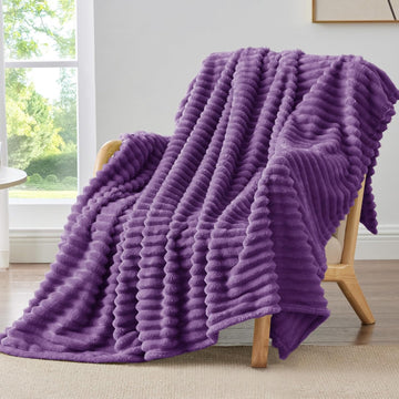 Fleece Throw Blanket 3D-Ribbed Jacquard Soft -Purple