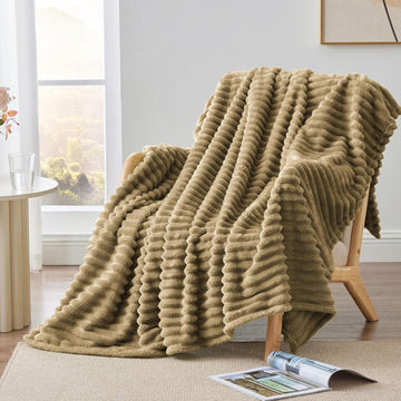 Fleece Throw Blanket 3D-Ribbed Jacquard Soft -Camel