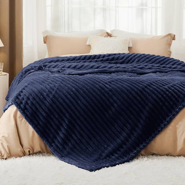 Fleece Throw Blanket 3D-Ribbed Jacquard Soft -Navy Blue