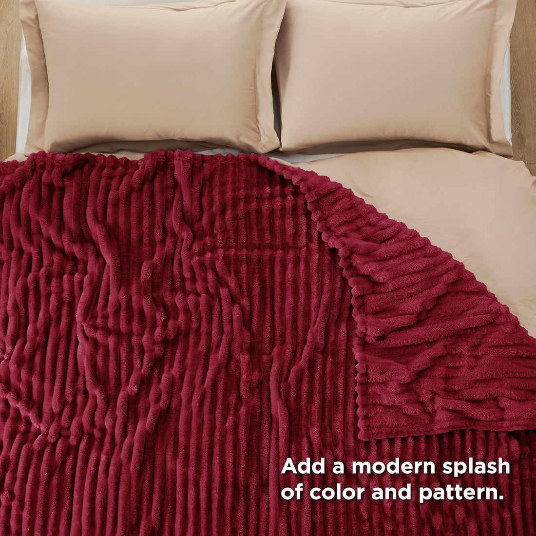 Fleece Throw Blanket 3D-Ribbed Jacquard Soft -Burgundy