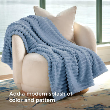 Fleece Throw Blanket 3D-Ribbed Jacquard Soft -Aqua Blue