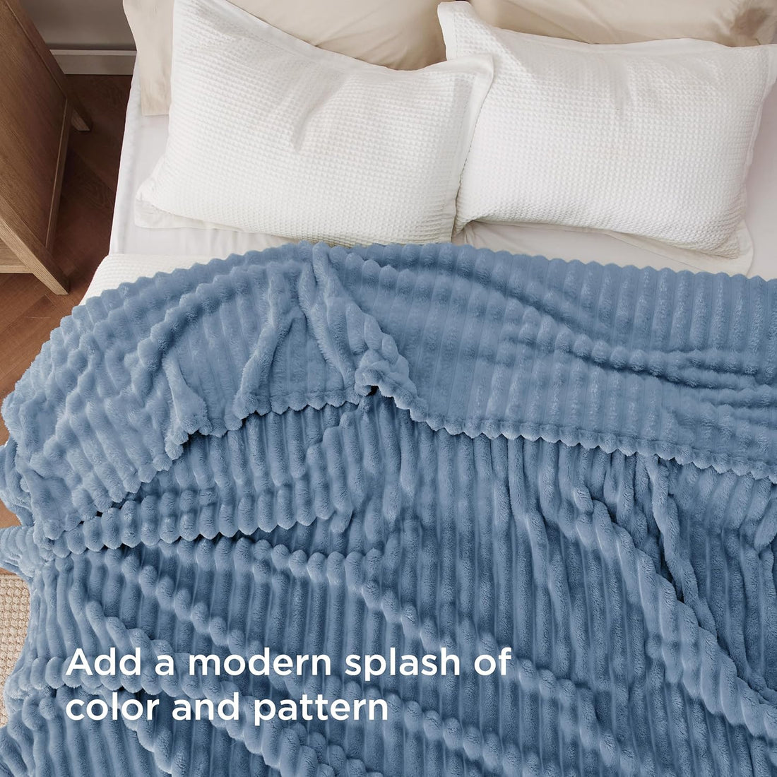 Fleece Throw Blanket 3D-Ribbed Jacquard Soft -Aqua Blue