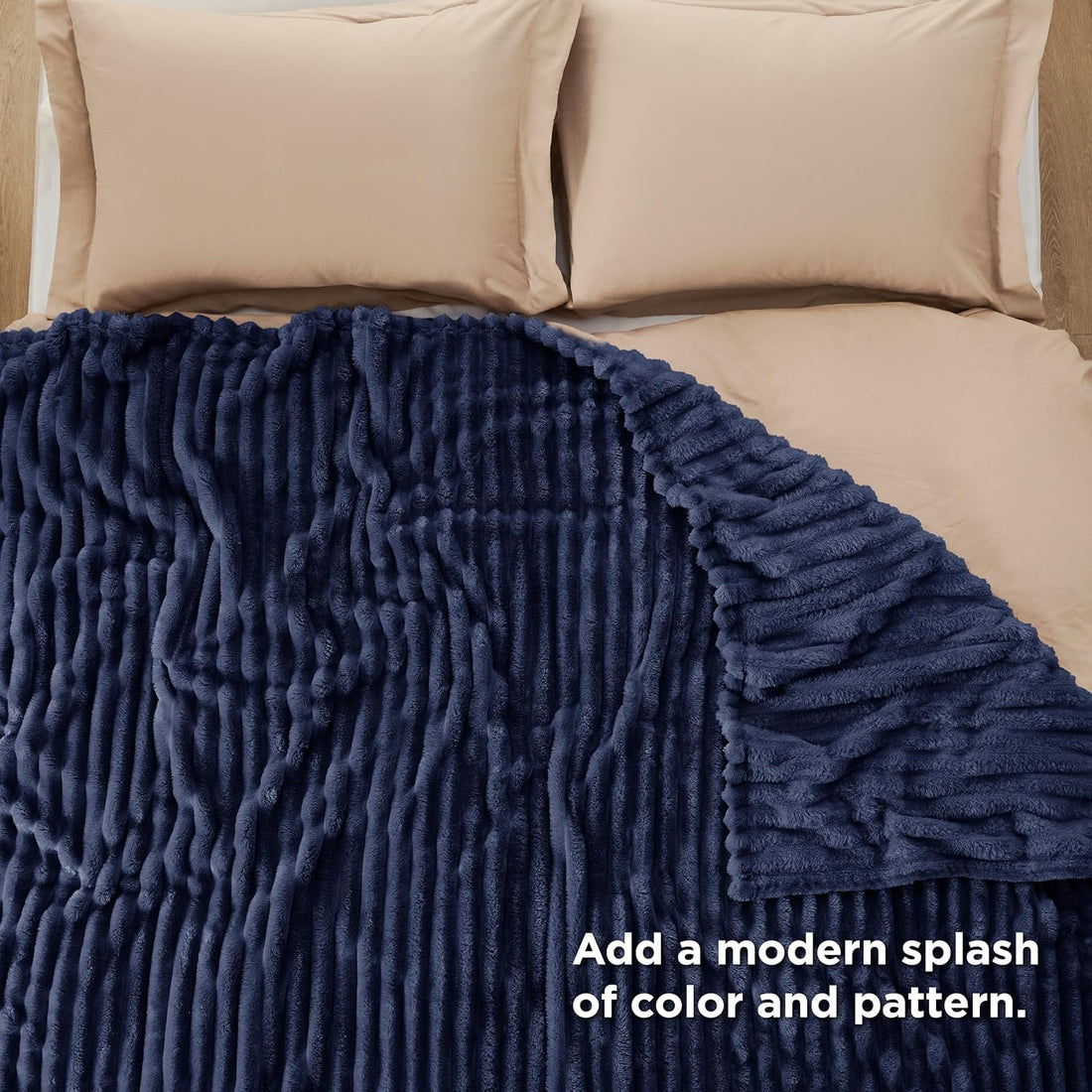 Fleece Throw Blanket 3D-Ribbed Jacquard Soft -Navy Blue