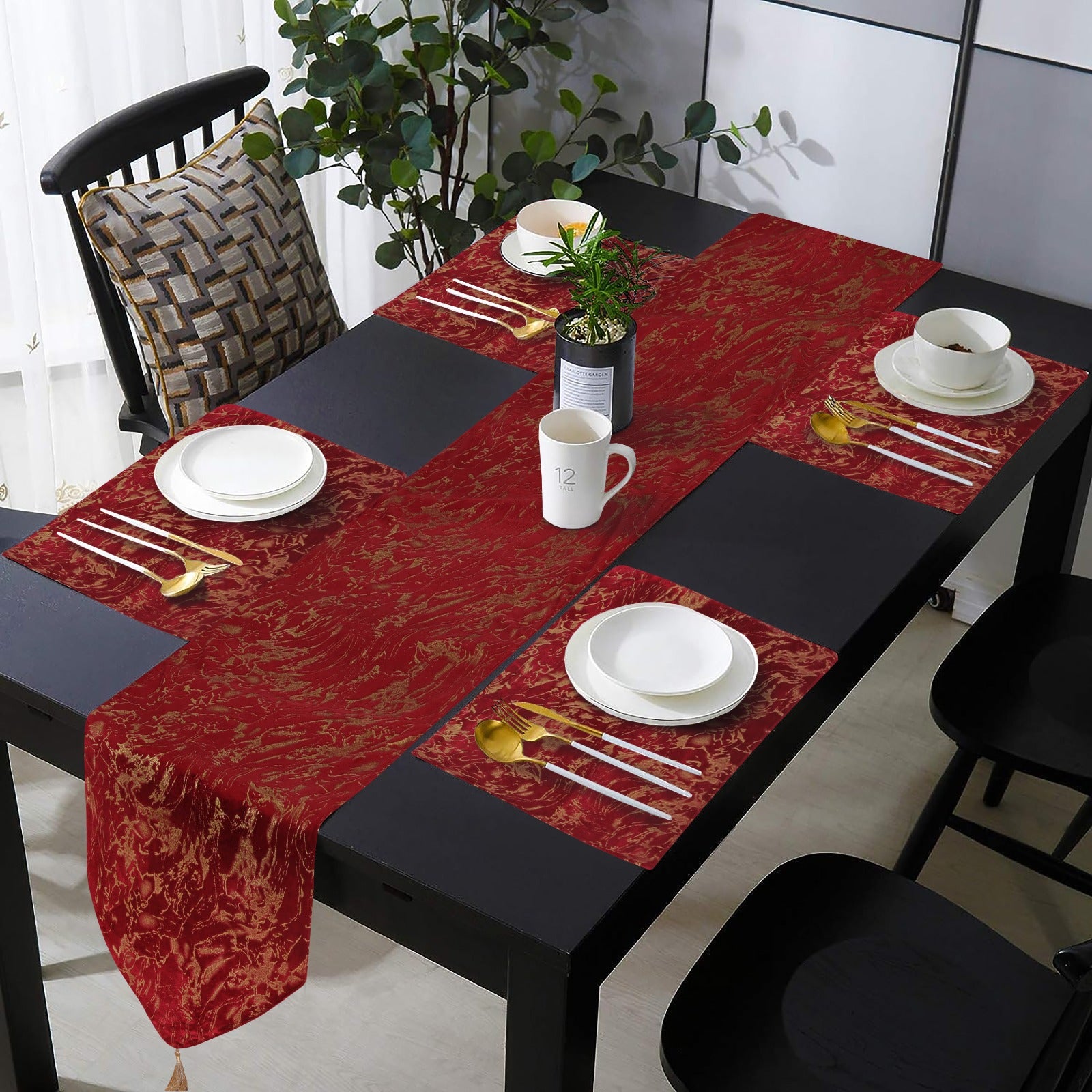 Set of 7 Pcs Luxury Velvet Table Runner red