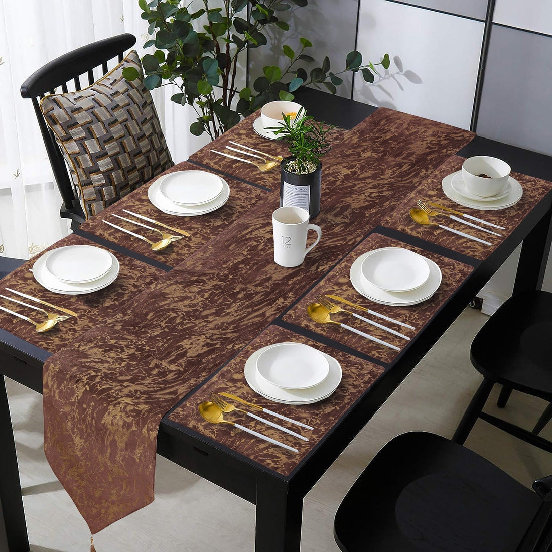 Set of 7 Pcs Luxury Velvet Table Runner brown