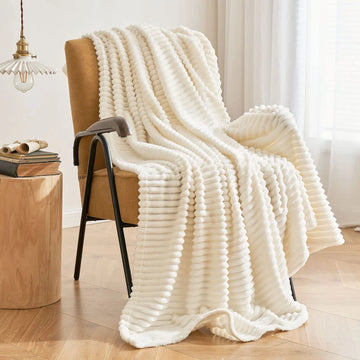 Fleece Throw Blanket 3D-Ribbed Jacquard Soft -Pearl White