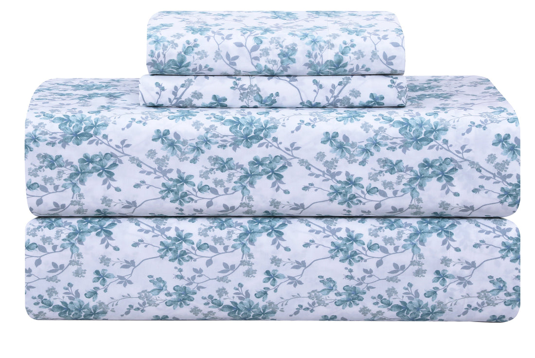 Aqua Floral Cotton Percale Bedsheet BS-84